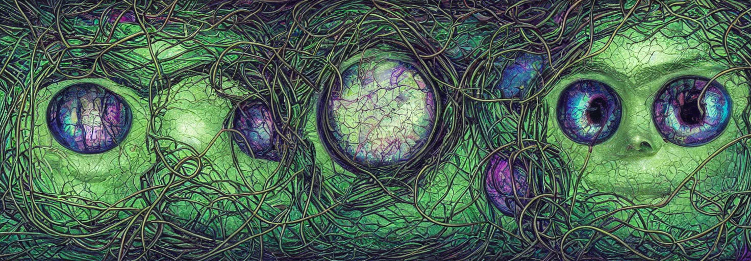 Image similar to many large beautiful eyeballs inside of extremely thick iridescent vines intertwined, central composition, high saturation, epic lighting, in the style of Peter gric and Amanda Sage 8k