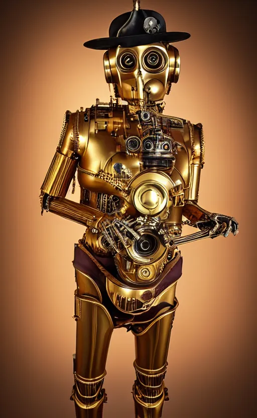 Image similar to steampunk version of c 3 po, promotional photo, studio lighting