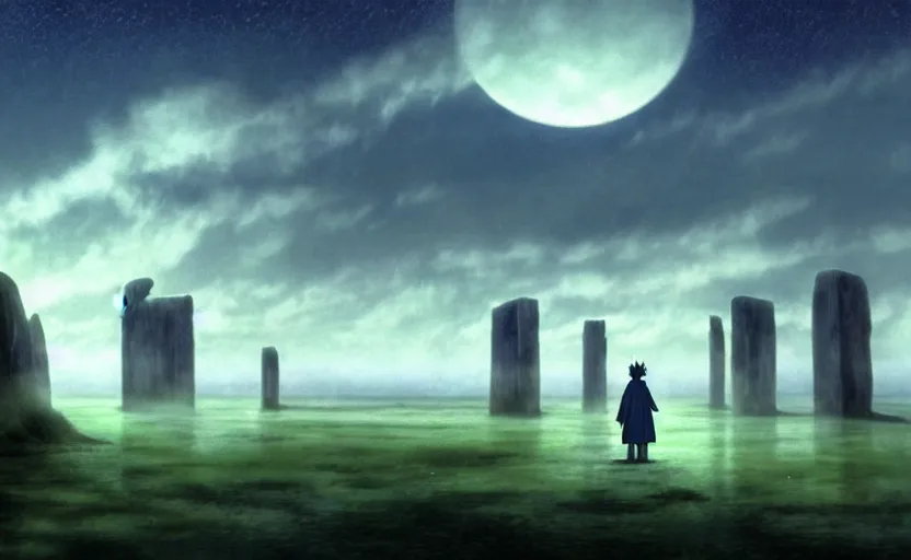 Image similar to a realistic and atmospheric cell - shaded concept art from howl's moving castle ( 2 0 0 4 ) of a grey monk standing in a futurist sci - fi city that looks like stonehenge in a flooded rainforest. it is a misty starry night. a ufo is in the sky. very dull muted colors, hd, 4 k, hq