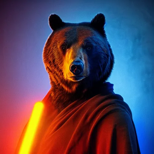 Image similar to portrait photo of bear as a jedi, blue and yellow lighting, dark, cinematic, high quality, 4 k