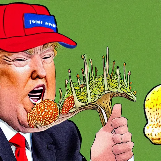 Prompt: donald trump eating amanita muscaria