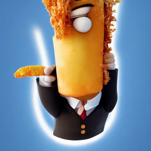 Image similar to photo of [ a single french fry chip ] shaped into stephen fry as a pixar character hybrid intercross mix cinematic lighting