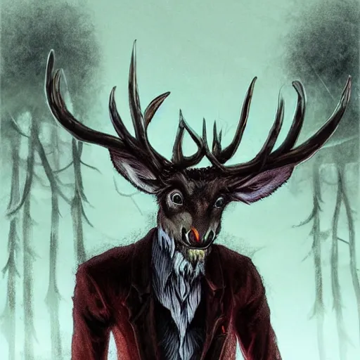 Image similar to 4 k headshot portrait of a psychedelic demonic anthropomorphic deer - horned wendigo smoking a hand - rolled cigarette smoking heavily, magic mushroom village in background. award winning. superb resolution. in the art style of junji ito and greg rutkowski. detailed mushroom city in background. hyper realistic anime. perfect art. dalle 2