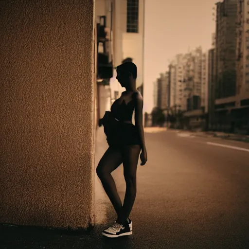 Prompt: portrait of a beautiful gorgeous black edgy model girl with short hair, bikini, she's sad, sunset, street of hong kong, 8 0 mm lens, 1. 2 aperture, kodak 5 2 1 9, grainy image, close up, cinematic light, very detailed, depressing atmosphere, cover magazine