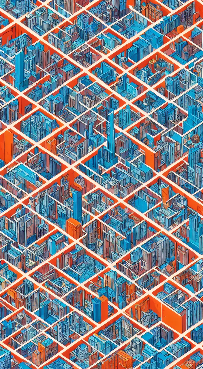 Prompt: isometric drawing of a fictional dense city, in style of rem koolhaas, peter eisenman, warm color palette