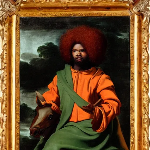 Prompt: photograph of a black man with afro hair wearing an army green cloak, riding!!! an orange!! bull!!!, renaissance style painting