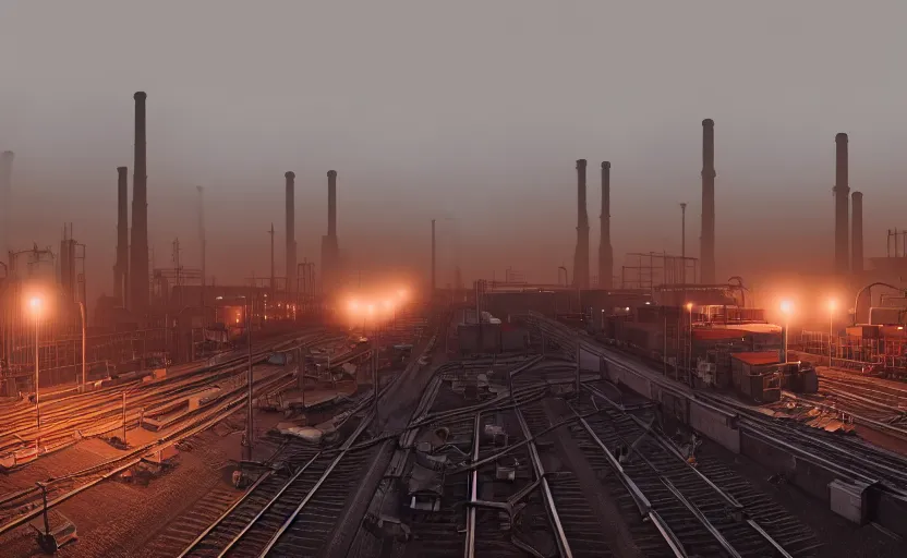 Prompt: photorealistic image of endless industrial factories, conveyor belts, industrial furnaces, cargo trains, heavy machinery. dusk. fog. gritty. 8K. detailed. technical. artstation. 25mm f/1.7 ASPH Lens. ultra realistic