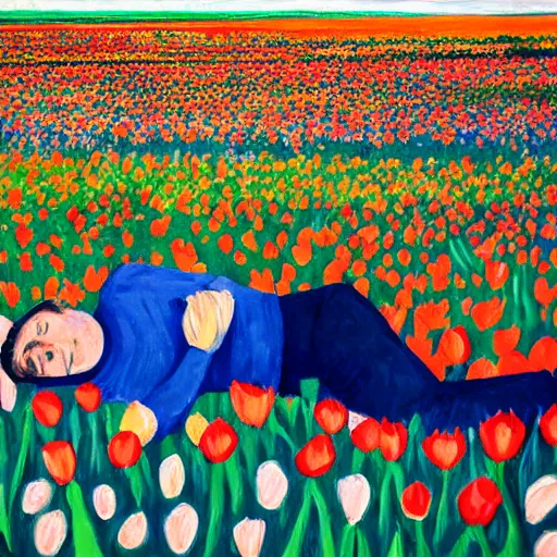 Image similar to Portrait of a man lying in a field of tulips by Robert Delaunay, colorful, hopeful, detailed, sunrise, light colors