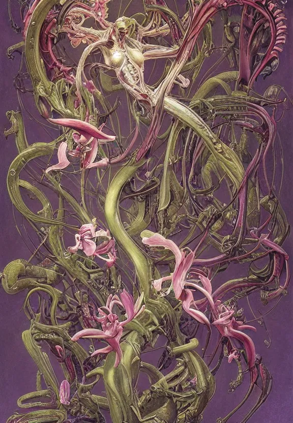 Prompt: simplicity, elegant, colorful muscular eldritch orchids, lilies, flowers, bodies, neon, radiating, mandalas, by h. r. giger and esao andrews and maria sibylla merian eugene delacroix, gustave dore, thomas moran, pop art, giger's biomechanical xenomorph, art nouveau