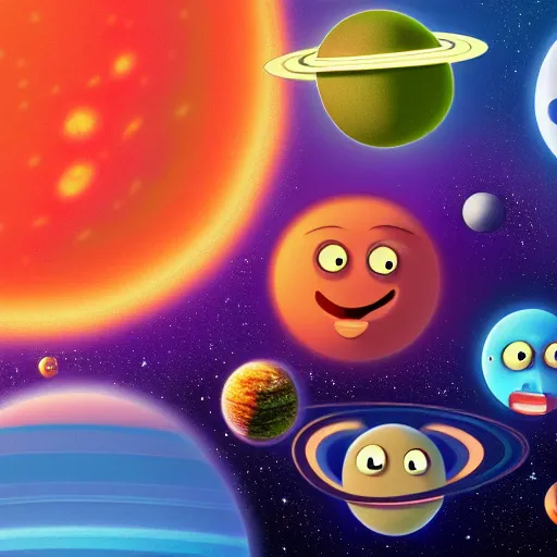 Image similar to outer space view of living planets with cartoon faces, style by kurzgesagt and pixar and dreamworks and disney