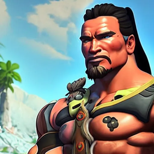 Image similar to a screenshot of arnold schwarzenegger as hanzo in overwatch