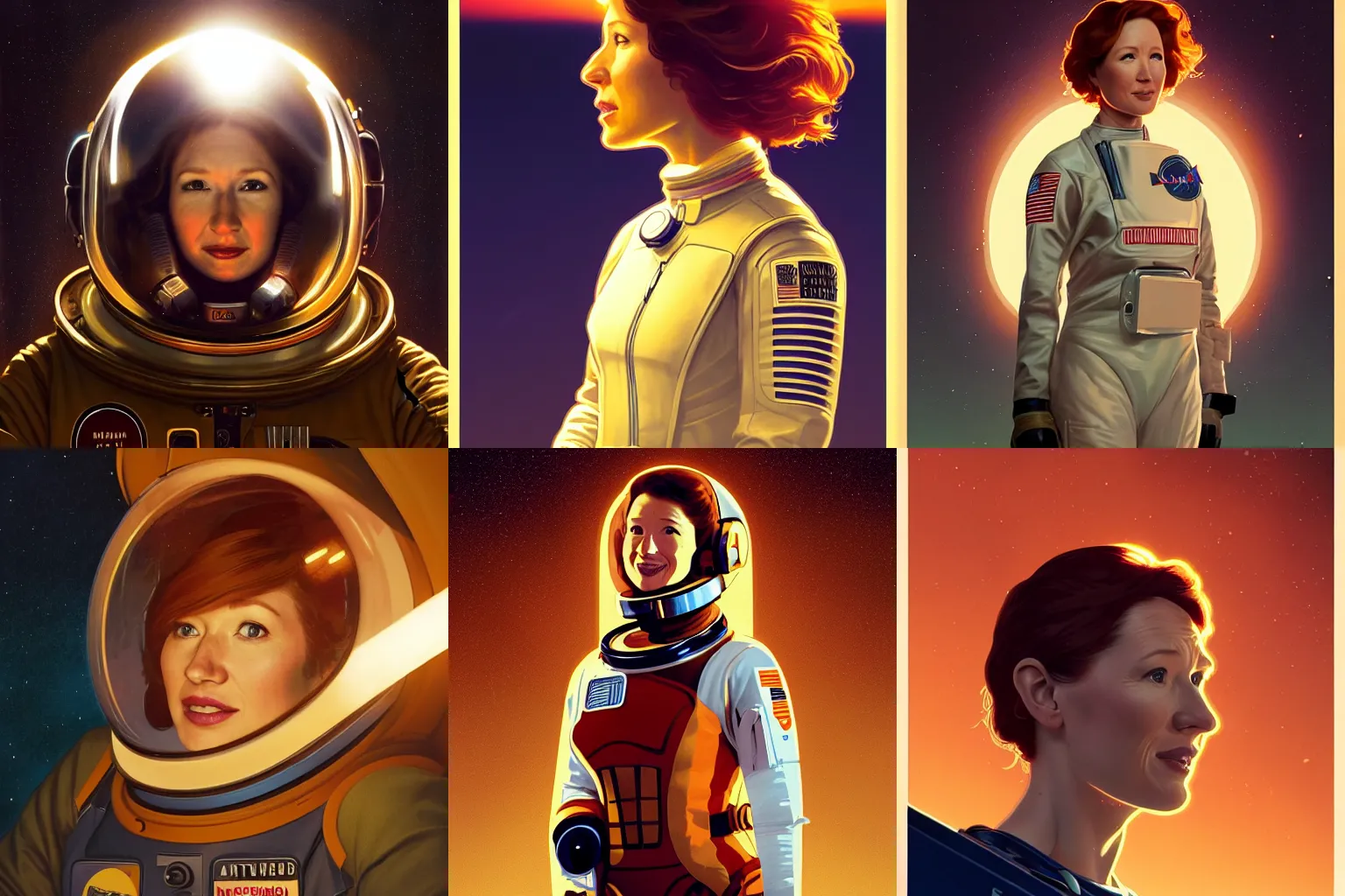 Prompt: a close-up of Ellie Kemper as an astronaut, dramatic backlighting, golden hour, kodachrome, high contrast, highly detailed, sharp focus, digital painting, concept art, illustration, trending on artstation, art by greg rutkowski + greg hildebrandt + alphonse mucha