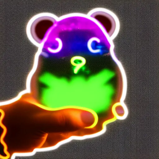 Prompt: cyberpunk hamster made of glowing neon lights holding a rainbow gem crystal, light reflection, 8 k, hd, logo