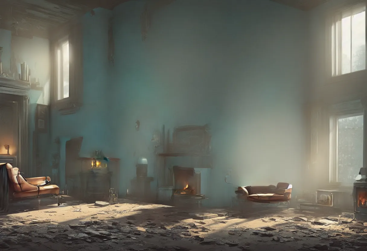 Image similar to intimate photograph of one single lone solitary cerulean and brown decaying futuristic robot lying on a frayed fainting couch in front of a beautiful fireplace with a cozy fire, in a dusty Victorian home, soft morning light seeping in a window, with cinematic lighting and lens flare, tall ceiling, octane render, cgsociety, by Simon Stalenhag and Rouhollah Toghyani and Sylvian Boussiron and Alfonso Cuaron, highly detailed closeup portrait, award-winning highly detailed 8k anamorphic closeup tight cinematic movie photograph
