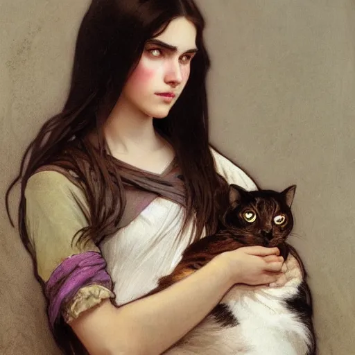 Prompt: girl with long dark hair thick eyebrows and dark eyes, she is holding a cat in her arms, by juan villafuerte, greg rutkowski and alphonse mucha, pexels contest winner, high quality photo, rtx, hd