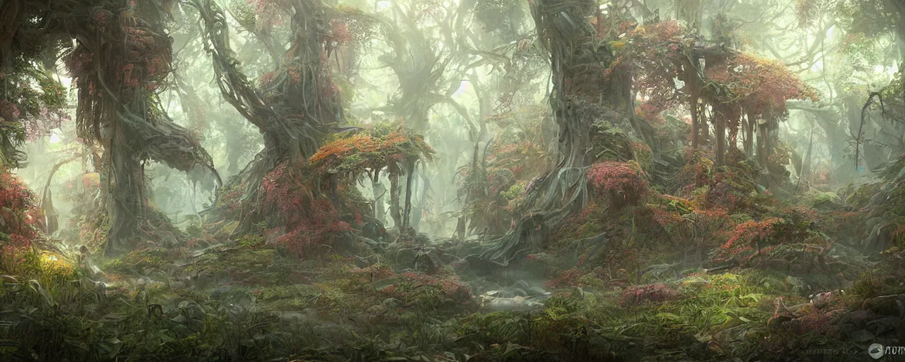 Prompt: detailed concept art illustration colorful pastel painting of a sci-fi fantasy forest in full intricate detail, ultra detailed, digital art, octane render, 4K, dystopian, micro details