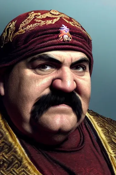 Image similar to very very intricate photorealistic photo of wario wearing his hat in an episode of game of thrones, photo is in focus with detailed atmospheric lighting, award - winning details