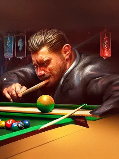 Image similar to snooker bar fight. intricate, elegant, highly detailed, digital painting, artstation, concept art, sharp focus, illustration, by justin gerard and artgerm, 8 k