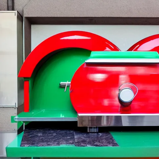 Image similar to eva 02 colored white red and green in front of a building sized pizza oven making pizza