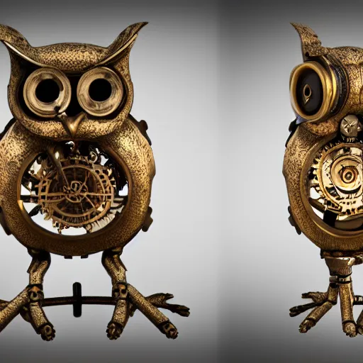 Image similar to render of a mechanical owl, steampunk style, 8k