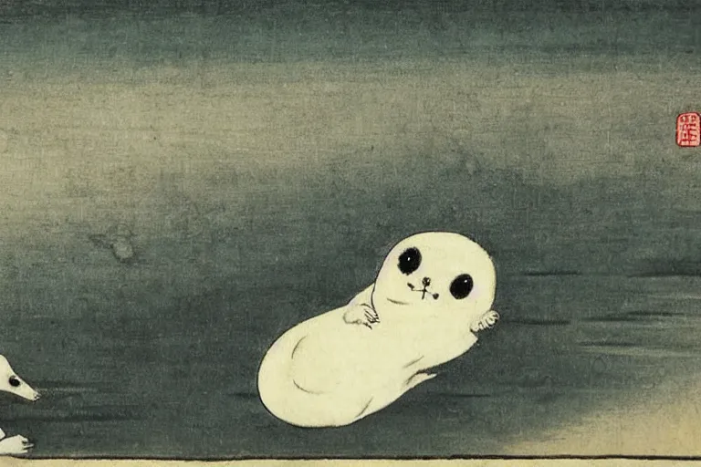 Image similar to baby harp seal demons, scary, Japanese painting, 1800s