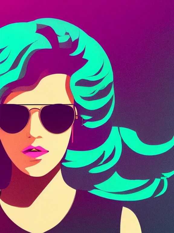 Prompt: flat portrait art of an beautiful muted vaporwave ombre stylish retrofuturistic woman wearing oversized aviator sunglasses atmosphere, glow, shaded, full of colour, cinematic lighting, trending on artstation, 4 k, focused, vector, by patrick nagel, simple bold clean lines