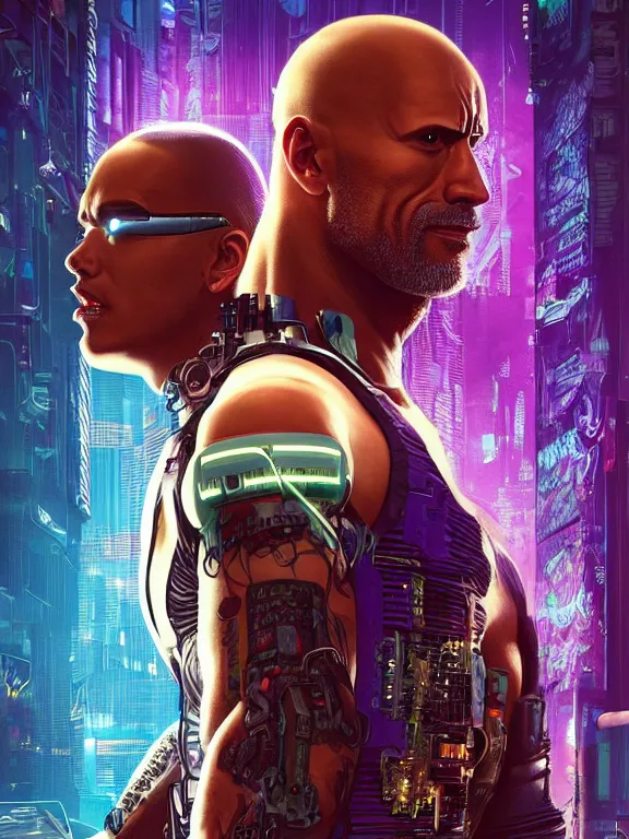 Image similar to a cyberpunk 2077 illustration half body portrait of Dwayne Johnson and a female android with complex mess of cables and wires behind them connected to giant computer, love,film lighting, by laurie greasley,Lawrence Alma-Tadema,William Morris,Dan Mumford, trending on atrstation, full of color, mythological, high detailed,golden ratio,cinematic lighting