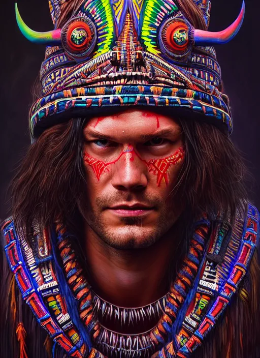 Image similar to portrait of jared padalecki, hyper detailed ultra sharp aztec shaman warrior. trending on artstation, warpaint aesthetic, bloodwave, colorful, psychedelic, ornate, intricate, digital painting, concept art, smooth, sharp focus, illustration, art by artgerm and greg rutkowski and h. r. giger, 8 k