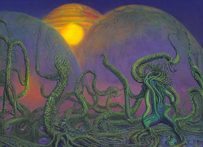 Prompt: surrealist impressionist painting of eldritch garfield at dusk, in the style of michael whelan and james gurney and wayne barlowe