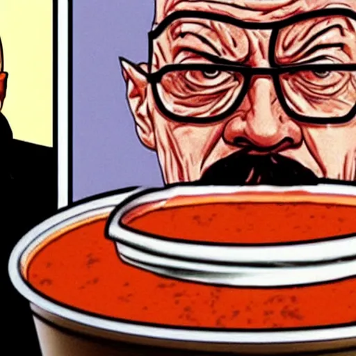 Prompt: Walter white is furious at a can of tomato soup