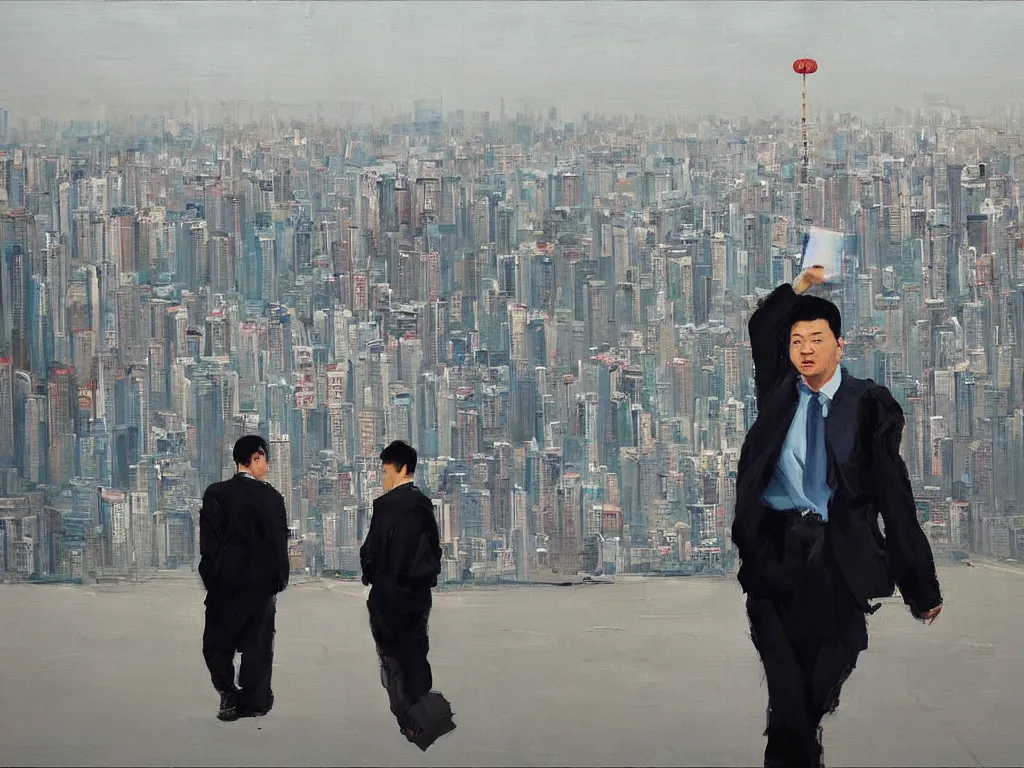 Prompt: ‘The Center of the World’ (Liu Xiaodong oil painting, large brushstrokes) was filmed in Beijing in April 2013 depicting a white collar office worker. A man in his early thirties – the first single-child-generation in China. Representing a new image of an idealized urban successful booming China.