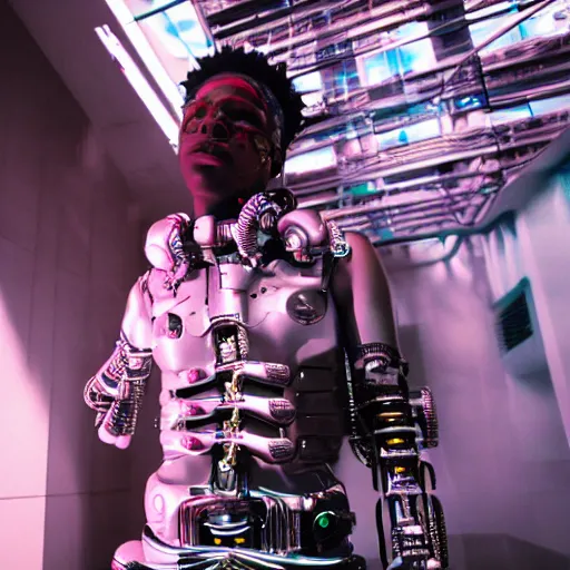 Image similar to a cinematic film still of rapper unotheactivist as a cybernetic cyborg, cgi, surrealism, film photography