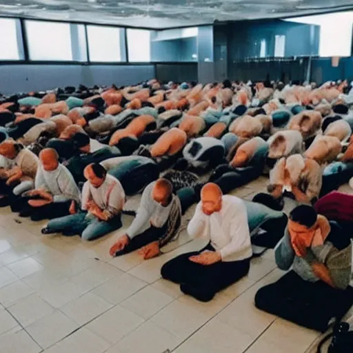 Image similar to a bunch of weirdos praying at Bitcoin, cult, sick,