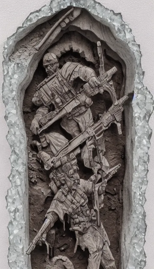 Image similar to the war portal highly detailed carving on southern ice porcelain, partially bloody crystallized, guns, blood, art gallery