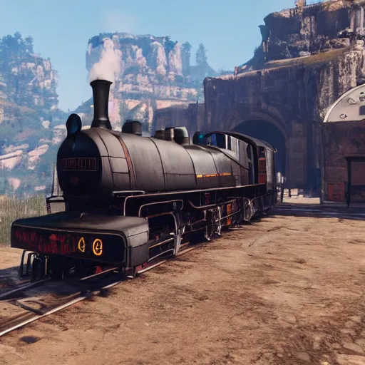 Image similar to futuristic sleek steam locomotive in red dead redemption 2