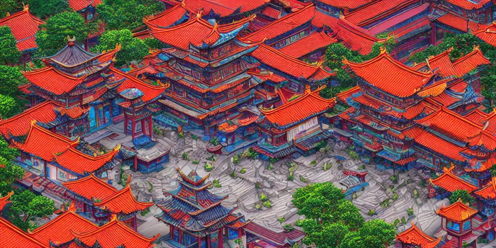 Prompt: a medeval chinese temple in the center of a futurisic shanghai, highly detailed, digital painting, vibrant colors, sharp focus, top view, intricate, matte, 8 k