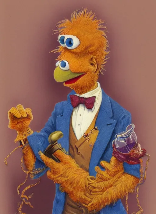 Image similar to portrait of Beaker Muppet in Society (1989), highly detailed, centered, solid color background, digital painting, artstation, concept art, smooth, sharp focus, illustration, artgerm, donato giancola, Joseph Christian Leyendecker, Les Edwards, Ed Repka, WLOP, Artgerm