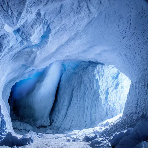 Image similar to deep dark glacier cave, faint blue glow,