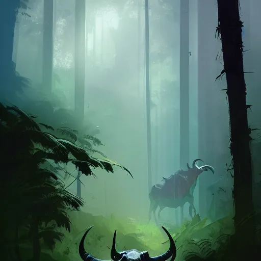 Image similar to ismail inceoglu and jama jurabaev's concept art, cel shadow, film shooting, trends on artstation, high quality, brush strokes, bright colors, giant demon goat skull in mysterious rainforest - w 8 9 6