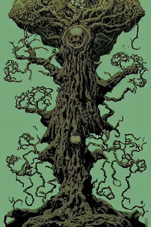 Prompt: Yggdrasil the tree of life by Mike Mignola and Richard Corben, trending on artstation, symmetrical