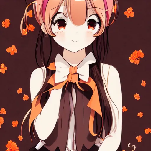 Prompt: anime-image 1girl ascot bare_shoulders bow brown_eyes brown_hair close-up floral_background frilled_bow frilled_hair_tubes frills hair_between_eyes hair_bow hair_tubes long_hair orange_ascot pink_background red_bow shirt sleeveless sleeveless_shirt solo
