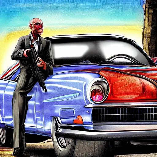 Image similar to highly detailed old man in car holding gun gta vice city art,, fantasy art by stephen bliss