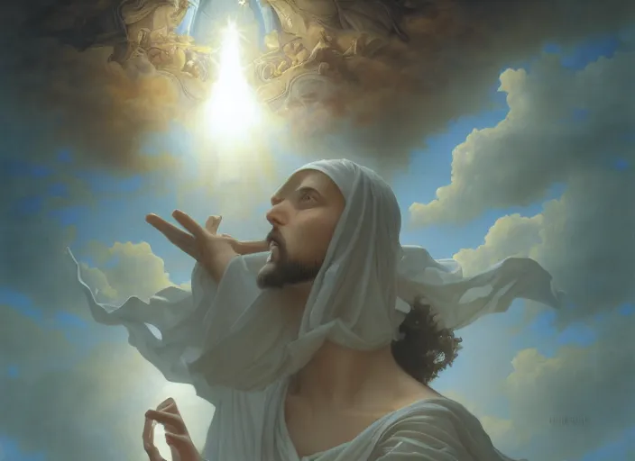 Image similar to second coming of jesus christ, detailed face, peter mohrbacher, michael whelan, William-Adolphe Bouguereau, Michael Cheval, kay sage, digital art, airbrush, art nouveau, intricate, clear, looming, epic, depth, artstation, highly detailed, blender, Unreal Engine, octane render, vray, 8k