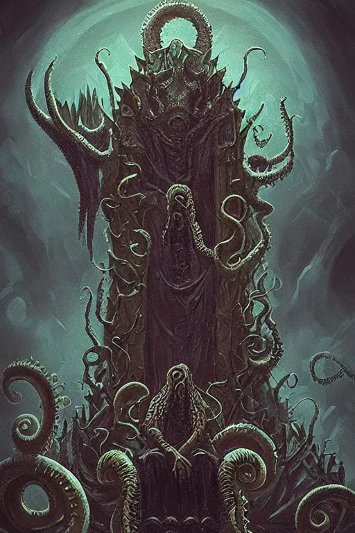 Image similar to lovecraftian king on a throne, digital art, in the style of greg rutkowski, trending on artstation