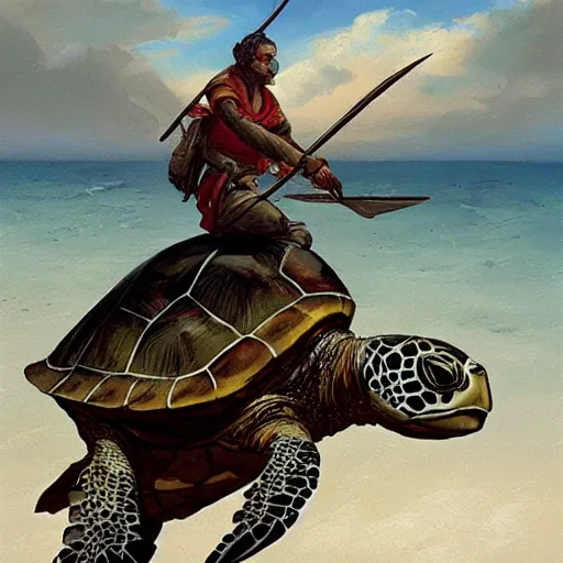 Prompt: man riding sea turtle with a spear, geog darrow greg rutkowski