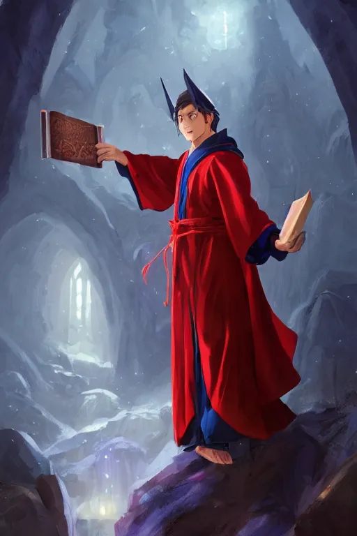 Prompt: Picture of handsome young wizard, Red and blue robes, short dark blue hair, book in hand, no hat, casting pose, dungeon and dragons, artstationHQ, artstationHD, trending in artstation, gelbooru, high fantasy, matte painting, colorful, ultra HD, 8k