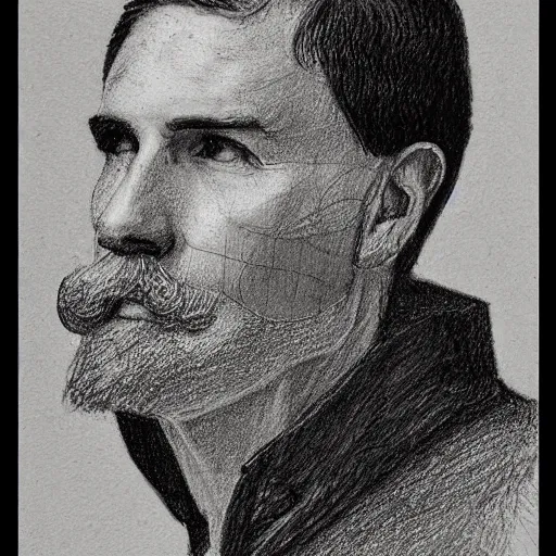 Image similar to A crosshatched portrait drawing of Jerma985 with a pyramidal mustache in the mid-late 1800s, cross haching, crosshatching, mid-late 1800s, grainy, realistic, hyperrealistic, very realistic, highly detailed, very detailed, extremely detailed, detailed, trending on artstation