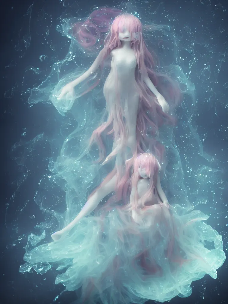 Image similar to cute fumo plush of an otherworldly translucent jellyfish goth girl floating in the deep sea, mysterious tattered maiden tendrils and dress, anime magical monster girl, heavy rain reflective water surface, glowing lens flare wraith girl, wisps of volumetric fog and smoke in refracted vortices, vignette, bokeh, vray