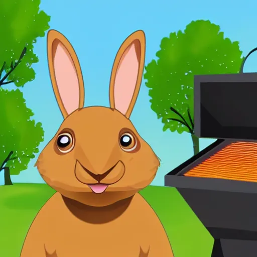 Image similar to cartoon of a pet rabbit sweating scared by the bbq grill