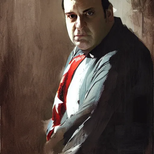 Prompt: portrait of a n emotional tony soprano in cosplay as captain america, by jeremy mann, anders zorn.